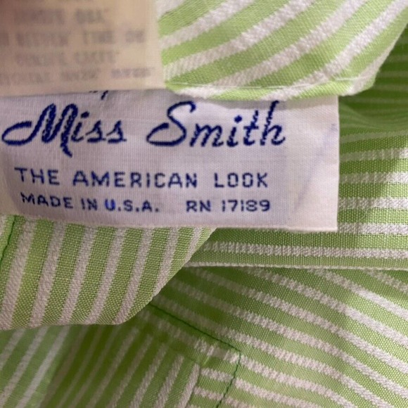 Vintage Seersucker Dress Green White Stripe Belted Sleeveless 18 1/2 - Picture 11 of 12